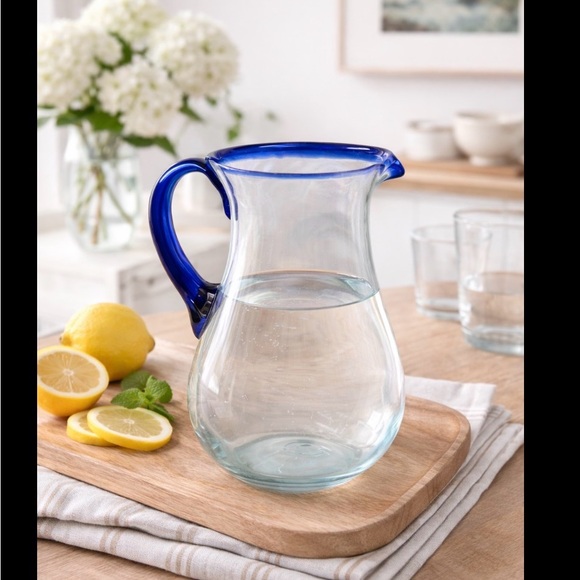 Hand Blown Art Glass Pitcher Cobalt Blue Rim Studio Glass Decor Collectible Vase - Picture 15 of 16